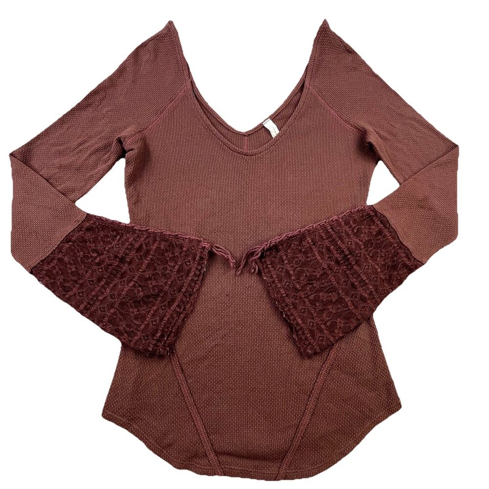 Free People Top Blouse Women Medium Lace Bell Sleeves V-Neck Waffle Textured